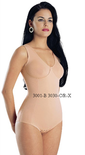 3001-B/3030-C/R-X: Body Suit, Pre-Molded Seamed Cup, Wide Straps, Reinforced Torso, Hook & Eye Crotch      3001-B/3030-C/R-X: Body Modelador, Copa prehormada con costuras, Tiras Anchas, Resfuerzo en el Torso, Abertura entre las piernas con broches.      