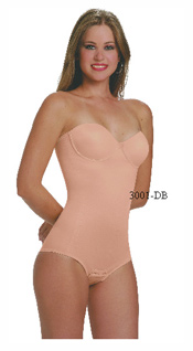 3001-DB: Body Suit, Strapless, Padded Bra, Reinforced Torso, Hook and Eye Crotch, Removable Straps.        3001-DB: Body Modelador, Sin Tirantes, Brassier Con Almohadilla, Resfuerzo en el Torso, Abertura entre las piernas con broches, Tirantes removible..  