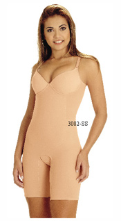 3002-SS: Body Suit Above Knee, Padded Seamed Cup, reinforced Torso, Adjustable Straps, Open Crotch     3002-SS: Body Modelador Sobre la rodilla, Almohadilla Copa Con Costura, Resfuerzo en el Torso, Tiras Ajustable, Abertura entre las piernas     