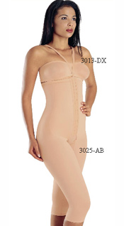 3013-DX: Strapless Bra, Pre-Molded Cup. 3025-AB: Below Knee Girdle, Front Closure, High Waist, Reinforced Torso, Open Crotch  3013-DX: Brassier sin tiras, Copa Pre-Hormada 3025-AB: Abajo de la rodilla, Cierre delantero, Cintura Alta, Refuerzo en el torso, Abertura Abierta.   
