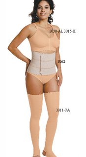 3030-AL 3015-X: Pre-Molded Seamless Bra, Adjustable Straps 3062: Waist Cincher, Three Sections 3011-CA: Compression Stockings, Open heels, Mid Thigh Length, Open Toes   3030-AL 3015-X: Copa Sin Costuras Prehormada, Tiras Ajustable 3062: Cinturilla, Tres seccines 3011-CA: Medias de Compression, Abertura en los tobillos, Media muslo de Largo, Abertura en los pies  