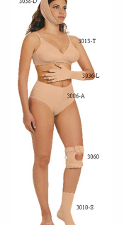 3038-D: Chin Support, Adjustable Velcro Closure (one size fits all) 3013-T: Bra, Side Supports Stays, Adjustable Straps 3036-L: Lycra Glove (pair) 3006-A: Compression Briefs, Reinforced Front Panel 3060: Knee Compression Support 3010-S: Ankle Stocking, Closed Heels, Open Toes     3038-D: Suporte Mentonera, Cierre de Velcro Ajustable (un tamao talla) 3013-T: Brassier Soporte Lateral, Tiras Ajustable 3036-L: Lycra Guantes (par) 3006-A: Panty Compression Resfuerzo Panel Delantero 3060: Sopote Compression en la rodilla 3010-S: Tobillo Media, Cierre Tobillos, Dedos Abiertos     