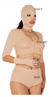 3038-T: Closed Facial Mask 3030-MC: Mini Vest to Elbow Sleeves, Pre-Molded Seamless Cup, Front Closure 3036: Glove (Pair) 3008: Compression Briefs   3038-T: Mascara Post Quirurjica 3030-MC: Mini Chaleco con mangas hasta el codo, Copa-Pre-hormada seamless, Cierre Adelantero 3036: Guantes (Par) 3008: Panty Compression