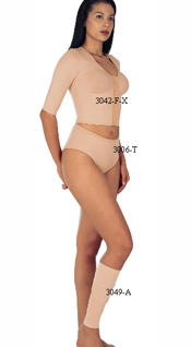 3042-F-X: Compression Vest which Sleeves, Elbow Length, Front Closure, Pre-Molded Cup, Reinforced Torso 3006-T: Compression Thong, Reinforced Abdominal Panel 3049-A: Double Layer Leg Wrap   3042-F-X: Chaleco de Compresion con mangas hasta el Codo, Cierre Delantero, Copa Pre-Hormada, Resfuerzo en el Torzo 3006-T: Tanga Compression, Resfuerzo en el Panel Abdominal 3049-A: Doble Soporte Faja para Debajo de la rodilla.